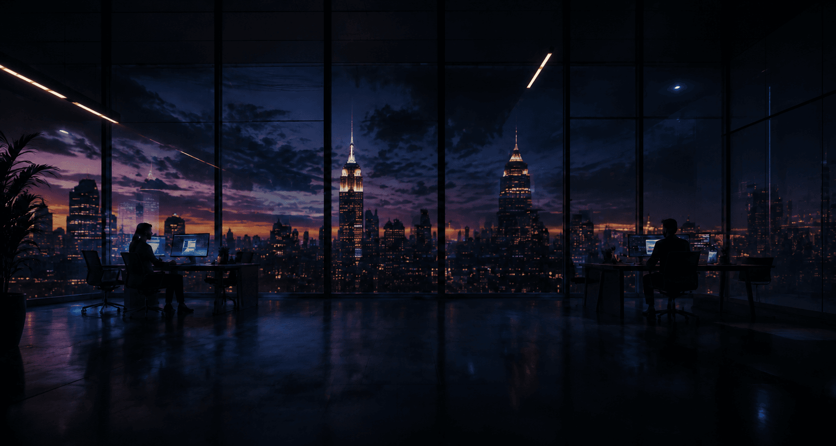 The Xgency team working in a modern digital operations studio overlooking a city